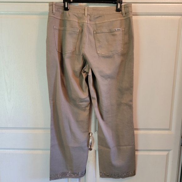 Joseph Ribkoff Rhinestone Embellished Tan Frayed Hem Crop Denim Pant - Picture 3 of 11